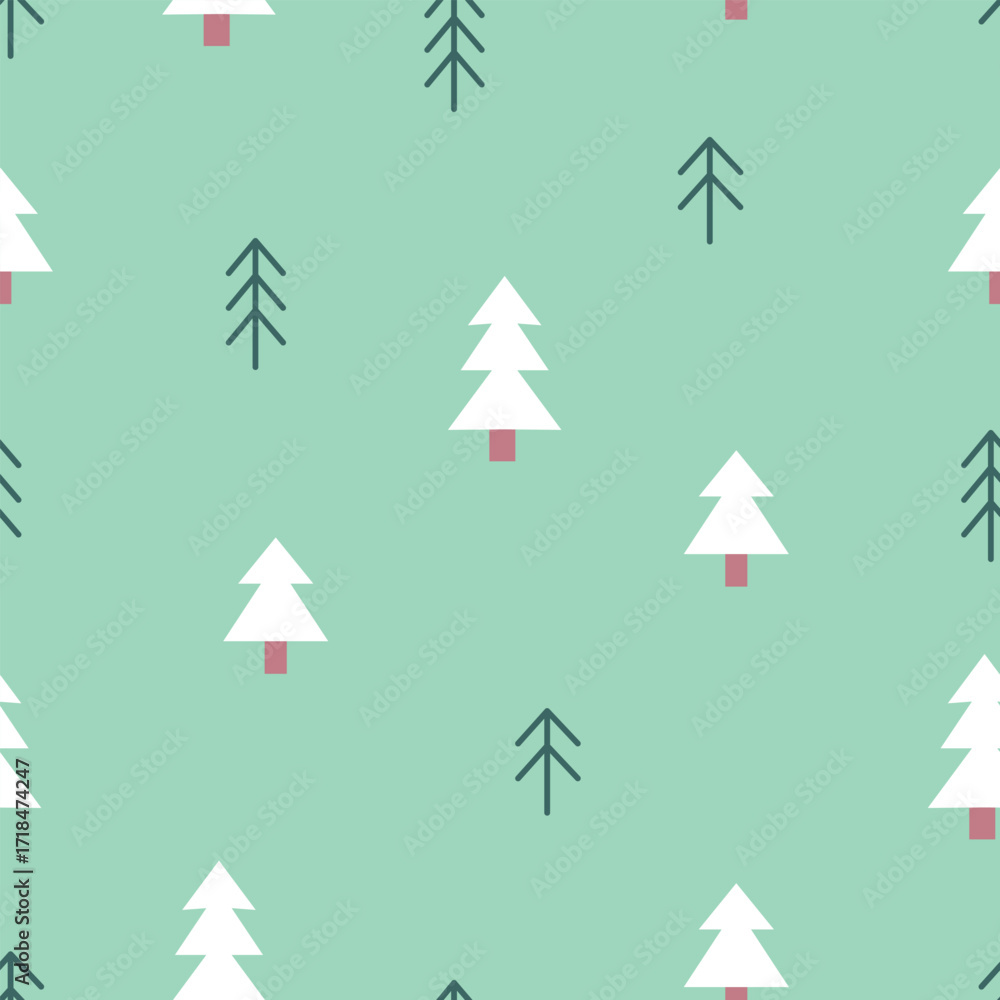 Obraz premium Winter seamless hand drawn pattern with colorful Christmas trees. Scandinavian design style. Vector illustration 
