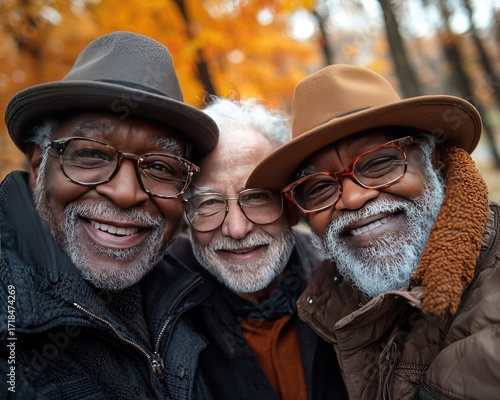 Three elderly men smiling outdoors in autumn