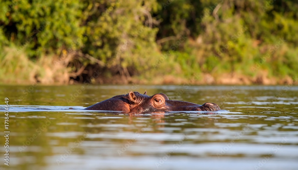 Fototapeta premium Hippopotamus partially submerged in calm water