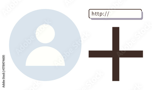 Circular user avatar icon next to input field with http placeholder above a bold plus sign. Ideal for account creation, user management, web navigation, registration, profile linking, team