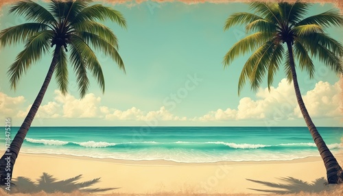 Vintage postcard style illustration of a tropical beach scene with palm trees and turquoise ocean. Faded colors and soft clouds create a nostalgic, retro travel atmosphere perfect for vacation themes.