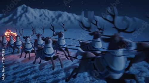 Santa riding a sleigh full of gifts with reindeer, seen from behind, Generative AI
