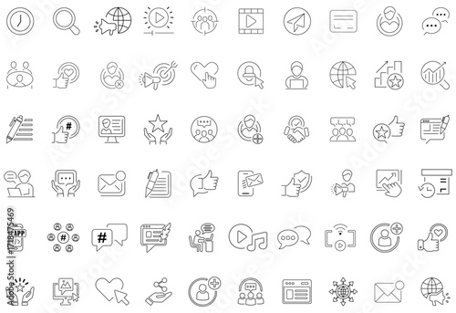 Social media marketing icon set. Communication, network, hashtag, like share vector.  Online community, media, website, blog, content, business marketing and social network icons. Vector illustration 