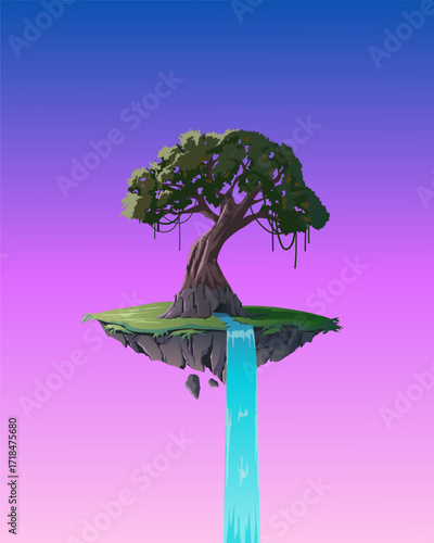 Vector illustration of floating fantasy island with giant tree and waterfall