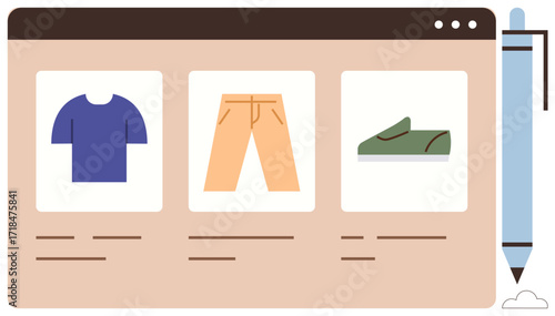 Webpage with clothing items includes a blue t-shirt, orange pants, green shoe, and text details. Ideal for online shopping, e-commerce, retail, fashion, minimalism usability simple flat metaphor