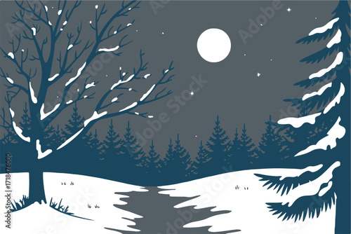 snowy wilderness night scene with evergreen and bare deciduous trees under moonlight and stars tranquil forest landscape
