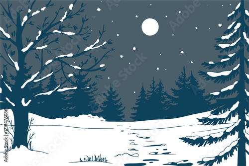 full moon illuminating snowy forest clearing with winding frozen stream and snowy branches in a peaceful winter night