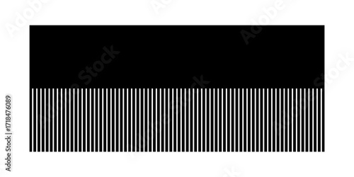 Black half-striped rectangular shape isolated on white background. Blinds or shutters silhouette. Minimalistic design element. Vector graphic illustration.