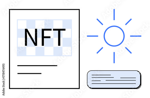 NFT highlighted on a document next to a glowing sun icon and a horizontal text block. Ideal for technology, blockchain, art ownership, innovation, digital assets, creativity, and virtual media ideas