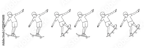 stylized vector illustration of skateboard action showing jump stunt progression over five motion frames