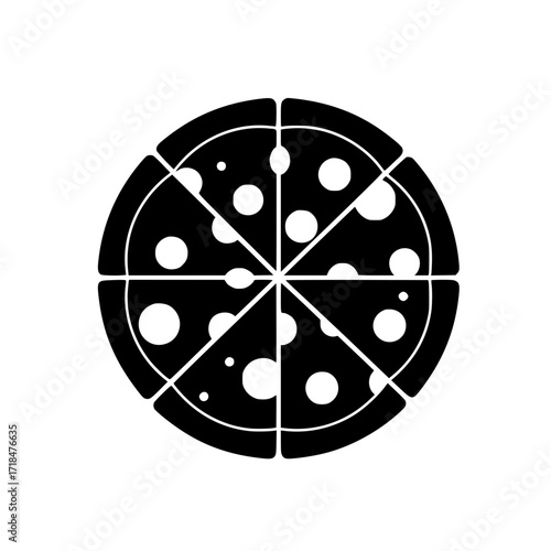 whole pizza cut into equal triangular slices with toppings.