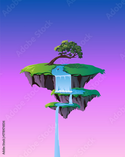 Vector illustration of floating stacked fantasy island with waterfall