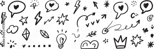 hand drawn doodle icons and symbols pack with lightning bolts stars bubbles bulbs and decorative swirls burst spirals