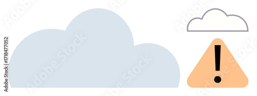 Large blue cloud with smaller outlined cloud above orange warning triangle with exclamation mark. Ideal for data storage, online safety, caution, tech issues, cyber security, risk alert, cloud