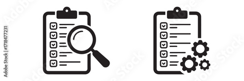 vector icons of checklist inspection clipboard and automated workflow management with gear and analysis graphic