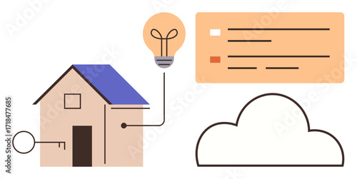 House connected with a cloud, lightbulb for innovation, key for security, and dashboard for management. Ideal for smart homes, energy efficiency, IoT, security, home automation innovation simple