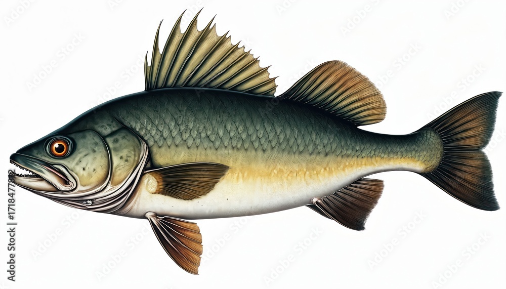 Obraz premium Detailed illustration of lingcod, Ophiodon elongatus, also known as buffalo cod cultus cod. Marine fish from Hexagrammidae family distinctive fins, scales, sharp teeth. Rendered against clean white