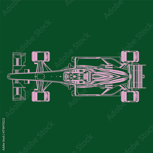Formula car, linear light silhouette of a racing car isolated on green background. Top view and side view. Vector illustration