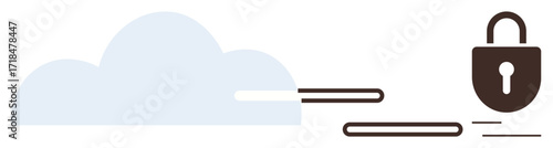 Cloud symbol connected to a secure lock by data streams, conveying online storage, safety, and connectivity. Ideal for cloud computing, cybersecurity, data sharing, technology, information security