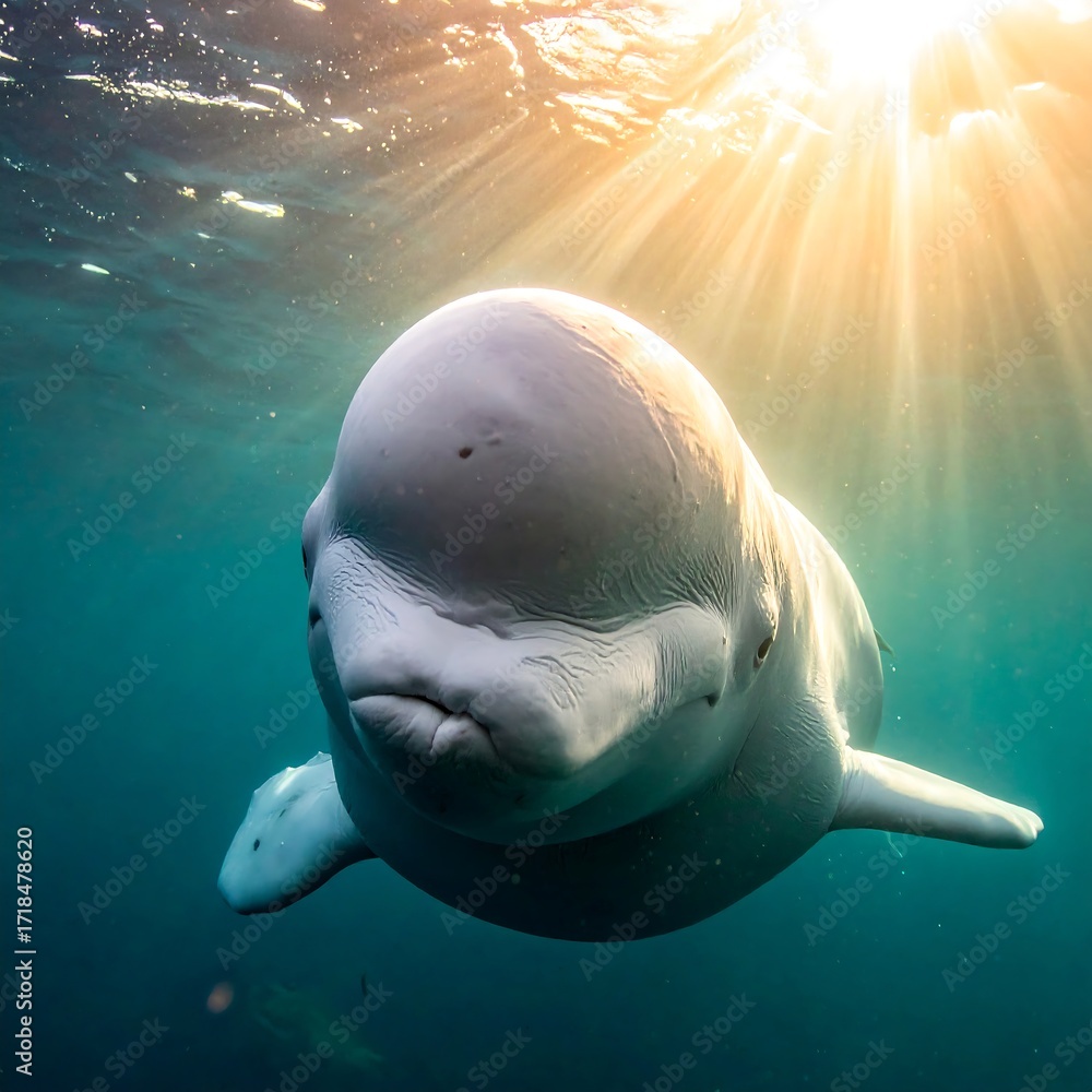 Naklejka premium Whale swimming underwater, sun rays