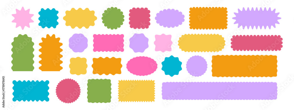 Set of colorful round and oval, rectangular and square, arch shapes with curvy edges. Cute geometric forms with scalloped borders. Empty textboxes, stickers, tags or labels. Vector flat illustration.