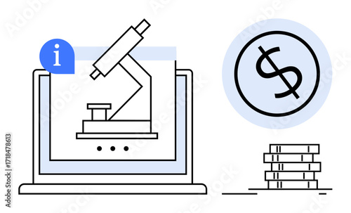 Microscope displayed on laptop with dollar sign and coin stack, symbolizing scientific research investment and resources. Ideal for science, technology, funding, education, innovation, economy