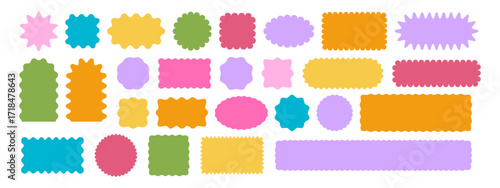 Set of colorful round and oval, rectangular and square, arch shapes with curvy edges. Cute geometric forms with scalloped borders. Empty textboxes, stickers, tags or labels. Vector flat illustration.