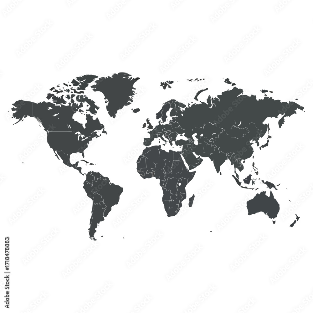 Obraz premium World Map Depicting Continents and Countries in Dark Gray.
