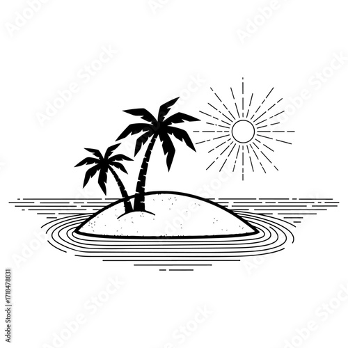 Tropical island with palm trees and shining sun.