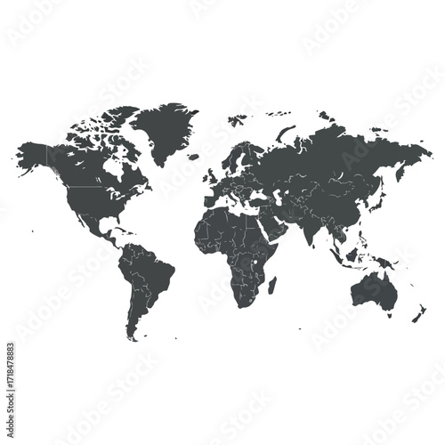 World Map Depicting Continents and Countries in Dark Gray.