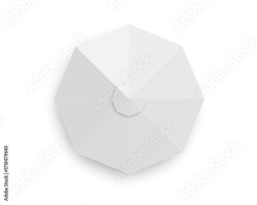 Awning top view. Gazebo umbrella in octagon shape. Beach parasol. Exhibition or sales event sunshade. Market or cafe canopy mockup isolated on white background. Vector realistic illustration.