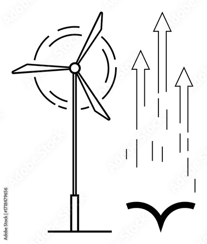 Wind turbine with spinning blades generating energy, accompanied by upward arrows symbolizing growth, progress, and sustainability. Ideal for renewable energy, eco-innovation, green technology
