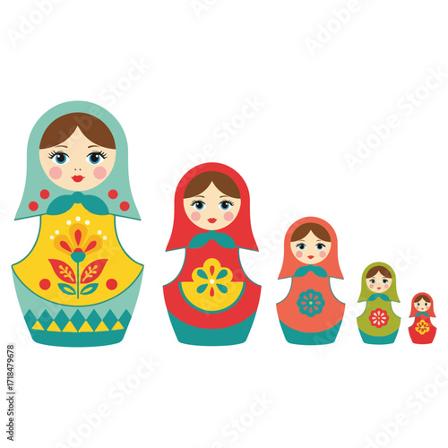 Colorful Russian nesting dolls arranged in a row, artistic design.