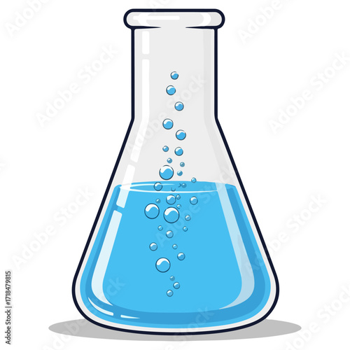 Laboratory flask with blue liquid and bubbles illustration.