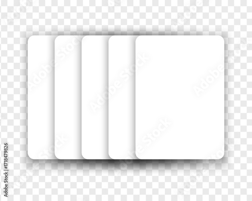 Five empty white playing cards in overlay position isolated on transparent background. Playcards flush royal layout. Poker game concept. Discount or voucher templates. Vector realistic illustration.