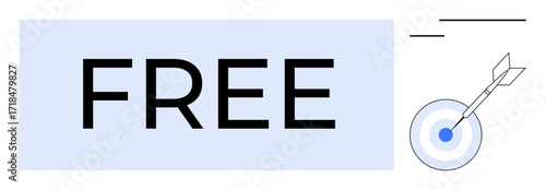 Free in large font beside a target with an arrow in the center, representing affordability, goal-setting, and success. Ideal for marketing, deals, offers, strategy, achievements focus simple flat
