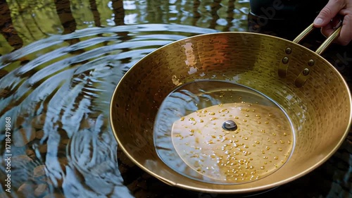 Gold panning in river with traditional metal pan and water ripples
