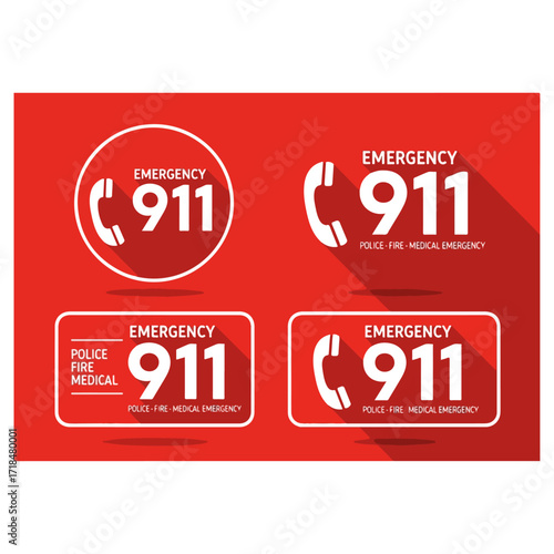 Emergency 911 Call Icons on Red Background for Help.