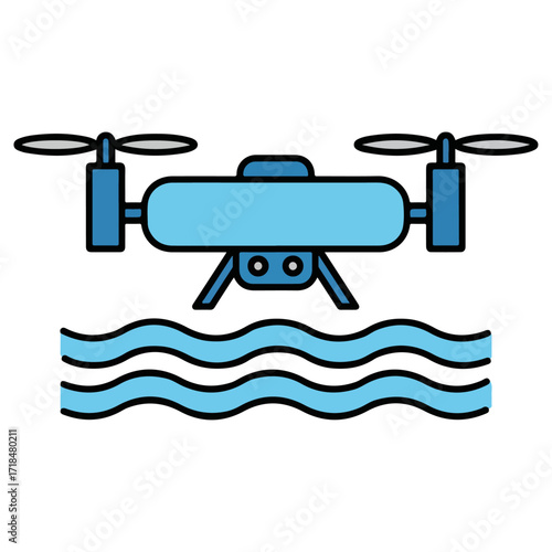 Drone hovering over water, capturing aerial views, technology concept.