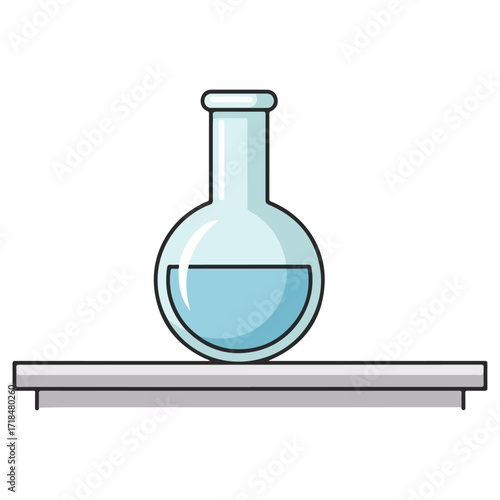 Laboratory flask with liquid on a shelf, science concept.
