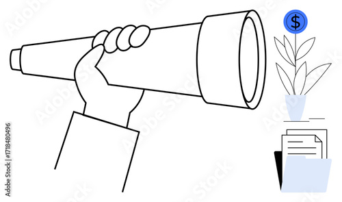 Hand holding telescope focusing on plant sprouting with dollar sign and stack of documents. Ideal for investment, finance, growth, planning, strategy, opportunity, and progress themes. A simple flat