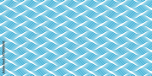 Blue waves with white sea foam background. Repeated curvy lines. Water print. Ocean, lake or river pattern. Aqua texture. Maritime ornament. Swimming pool or aquarium liquid. Vector flat illustration.