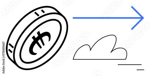 Digital coin with financial symbol, arrow indicating movement, minimalistic cloud. Ideal for fintech, blockchain, cryptocurrency, transaction speed, innovation, digital economy simple landing page
