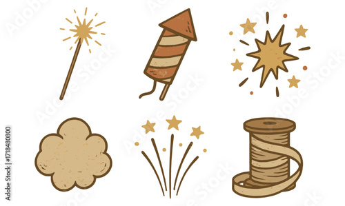 Vintage celebration icons featuring fireworks and party elements in retro style