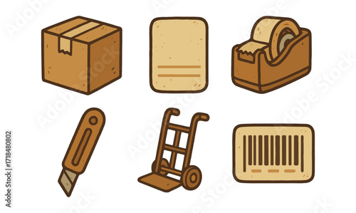 Retro style delivery icons: box, tape, knife, dolly, and barcode