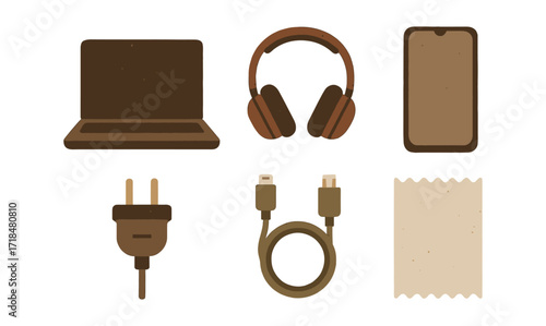 Retro style flat electronics collection featuring laptop, headphones, smartphone, and accessories