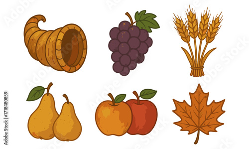 Colorful autumn harvest collection featuring grapes, apples, and wheat in hand-drawn style