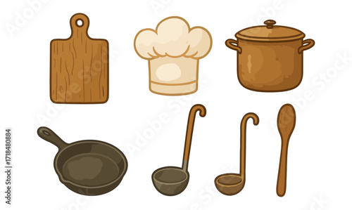 Rustic kitchen utensils set: cutting board, chef hat, pot, pan, ladles, and spoon