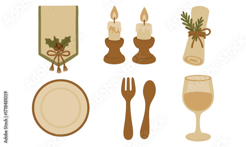 Rustic holiday dining set with candles, cutlery, and wine glass