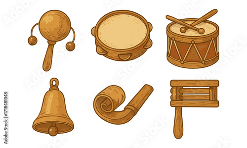 Vintage musical instruments collection: hand-drawn percussion set